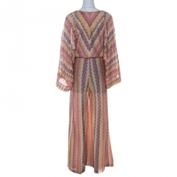 Pre Owned M Missoni Multicolour Chevron Crochet Knit Drawstring Waist Long Sleeve Lurex Jumpsuit S