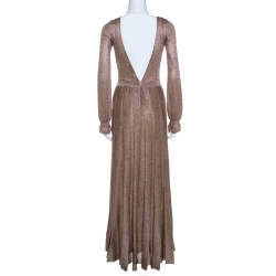 Pre Owned Missoni Gold Lurex Knit Plunge Back Pleated Gown S