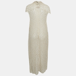 Pre Owned Missoni Cream Patterned Lurex Knit Open Front Long Cardigan M