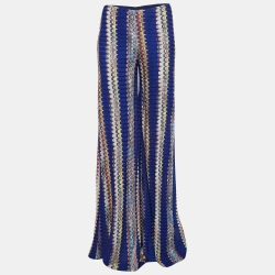 Pre Owned Missoni Blue Chevron Knit Wide Flared Pants M