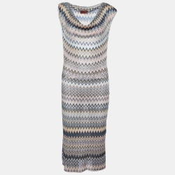 Multicolor Chevron Lurex Knit Cowl Neck Midi Dress