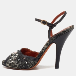 Black Embellished Patterned Knit Fabric And Leather Ankle Strap Sandals