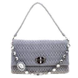 Pre Owned Miu Miu Grey Matelassé Leather Crystal Flap Shoulder Bag
