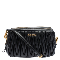 Pre Owned Miu Miu Black Matelasse Leather Double Zip Camera Bag