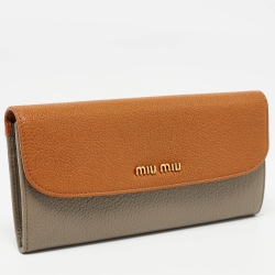 Pre Owned Miu Miu Brown/Grey Madras Leather Flap Continental Wallet
