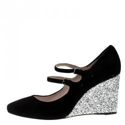 Pre Owned حذاء كعب عالي ميو ميو كعب روكي غليتر ماري جين سويدي اسود مقاس 41