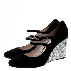 Pre Owned حذاء كعب عالي ميو ميو كعب روكي غليتر ماري جين سويدي اسود مقاس 41