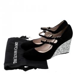 Pre Owned حذاء كعب عالي ميو ميو كعب روكي غليتر ماري جين سويدي اسود مقاس 41