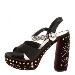 Miu Miu Black Crystal Embellished Satin and Studded Velvet Platform Sandals Size 38.5