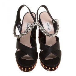 Miu Miu Black Crystal Embellished Satin and Studded Velvet Platform Sandals Size 38.5