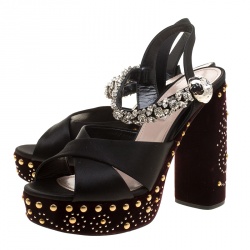 Miu Miu Black Crystal Embellished Satin and Studded Velvet Platform Sandals Size 38.5