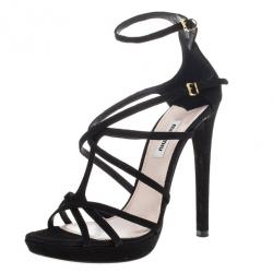 مملوكة مسبقًا Miu Miu Black Suede Crisscross Strappy Sandals Size 38.5