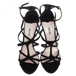 مملوكة مسبقًا Miu Miu Black Suede Crisscross Strappy Sandals Size 38.5