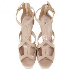 Pre Owned Miu Miu Nude Patent Leather Platform Back Zip Sandals Size 38.5