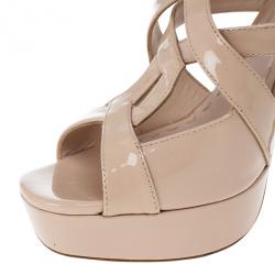 Pre Owned Miu Miu Nude Patent Leather Platform Back Zip Sandals Size 38.5