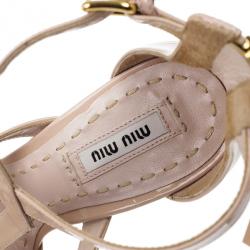 Pre Owned Miu Miu Nude Patent Leather Platform Back Zip Sandals Size 38.5