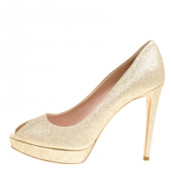 مملوكة مسبقًا Miu Miu Metallic Gold Glitter Peep Toe Platform Pumps Size 39.5