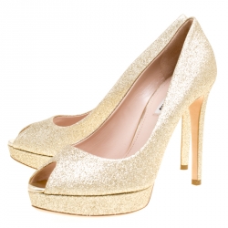 مملوكة مسبقًا Miu Miu Metallic Gold Glitter Peep Toe Platform Pumps Size 39.5