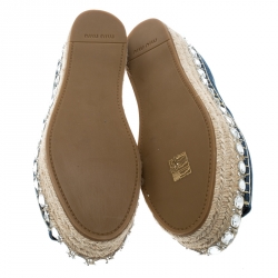Miu Miu Indigo Dark Wash Denim Crystal Embellished Peep Toe Platform Espadrilles Size 39