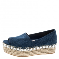 Miu Miu Indigo Dark Wash Denim Crystal Embellished Peep Toe Platform Espadrilles Size 39