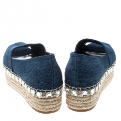 Miu Miu Indigo Dark Wash Denim Crystal Embellished Peep Toe Platform Espadrilles Size 39