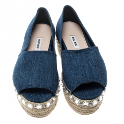 Miu Miu Indigo Dark Wash Denim Crystal Embellished Peep Toe Platform Espadrilles Size 39