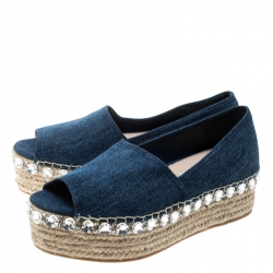 Miu Miu Indigo Dark Wash Denim Crystal Embellished Peep Toe Platform Espadrilles Size 39