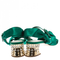 Pre Owned Miu Miu Green Satin Swarovski Crystal Embellished Heel Ankle Strap Sandals Size 40