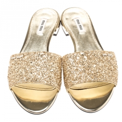Miu Miu Metallic Gold Glitter Flat Slides Size 39