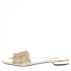 Miu Miu Metallic Gold Glitter Flat Slides Size 39