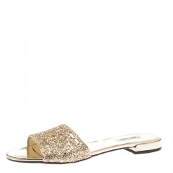 Miu Miu Metallic Gold Glitter Flat Slides Size 39