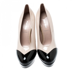Pre Owned Miu Miu Beige/Black Patent leather Platform Pumps Size 38.5