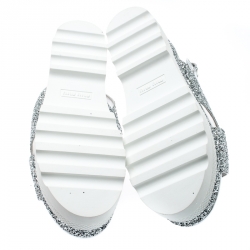 Miu Miu Metallic Silver Coarse Glitter Crisscross Platform Slingback Sandals Size 38.5