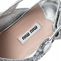Miu Miu Metallic Silver Coarse Glitter Crisscross Platform Slingback Sandals Size 38.5