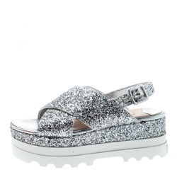 Miu Miu Metallic Silver Coarse Glitter Crisscross Platform Slingback Sandals Size 38.5
