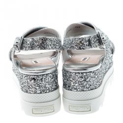 Miu Miu Metallic Silver Coarse Glitter Crisscross Platform Slingback Sandals Size 38.5