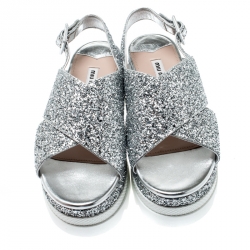 Miu Miu Metallic Silver Coarse Glitter Crisscross Platform Slingback Sandals Size 38.5