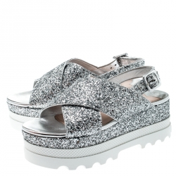 Miu Miu Metallic Silver Coarse Glitter Crisscross Platform Slingback Sandals Size 38.5