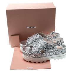 Miu Miu Metallic Silver Coarse Glitter Crisscross Platform Slingback Sandals Size 38.5