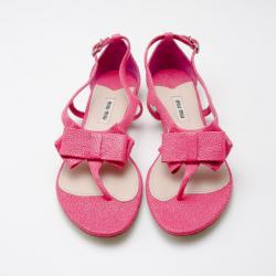 Pre Owned Miu Miu Pink Textured Leather Bow Detail Sandals Size 39