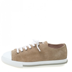 مملوكة مسبقًا Miu Miu Beige/White Suede Cap Toe Low Top Sneakers Size 38.5