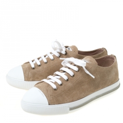مملوكة مسبقًا Miu Miu Beige/White Suede Cap Toe Low Top Sneakers Size 38.5