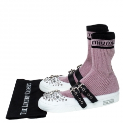 Pre Owned Miu Miu Pink Fabric And White Leather Embellished Buckle Detail Sock Sneakers Size 40