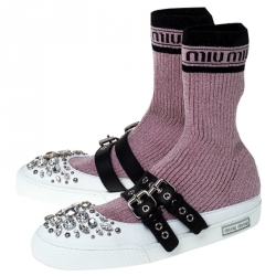 Pre Owned Miu Miu Pink Fabric And White Leather Embellished Buckle Detail Sock Sneakers Size 40