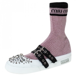 Pre Owned Miu Miu Pink Fabric And White Leather Embellished Buckle Detail Sock Sneakers Size 40