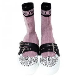 Pre Owned Miu Miu Pink Fabric And White Leather Embellished Buckle Detail Sock Sneakers Size 40