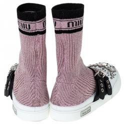 Pre Owned Miu Miu Pink Fabric And White Leather Embellished Buckle Detail Sock Sneakers Size 40