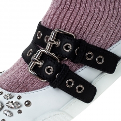 Pre Owned Miu Miu Pink Fabric And White Leather Embellished Buckle Detail Sock Sneakers Size 40