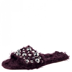Pre Owned حذاء سلايدز ميو ميو فلات مزخرف فرو عنابي مقاس 37.5