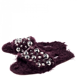 Pre Owned حذاء سلايدز ميو ميو فلات مزخرف فرو عنابي مقاس 37.5